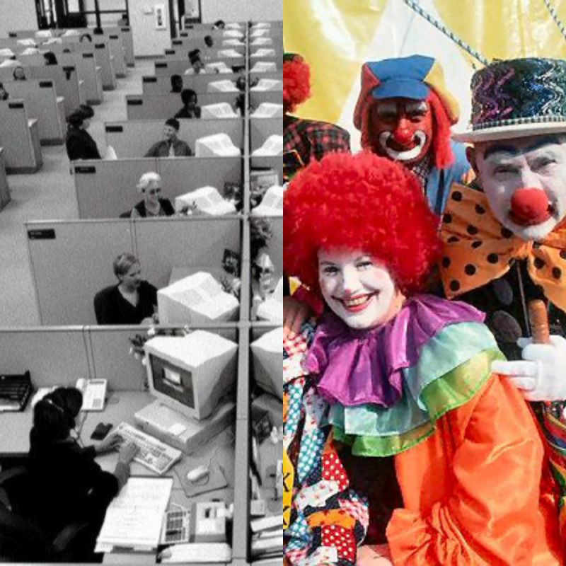 An image split in two, on the left a dull office factory with too many cubicles. On the right a bunch of clowns